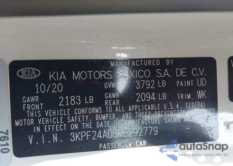 2021 Kia Forte Lxs z USA, uszkodzony, nr VIN 3KPF24AD8ME292779